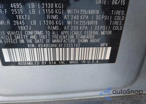 2015 Subaru Outback 2.5I Limited z USA, uszkodzony, nr VIN 4S4BSANC8F3355142